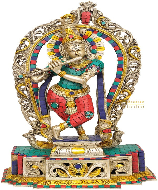 Brass Indian Hinduism Lord Krishna With Aureole 16" - Eco-friendly - Sama Homes