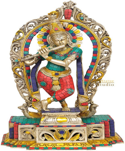 Brass Indian Hinduism Lord Krishna With Aureole 16" by vendor-unknown - Hindu Gods