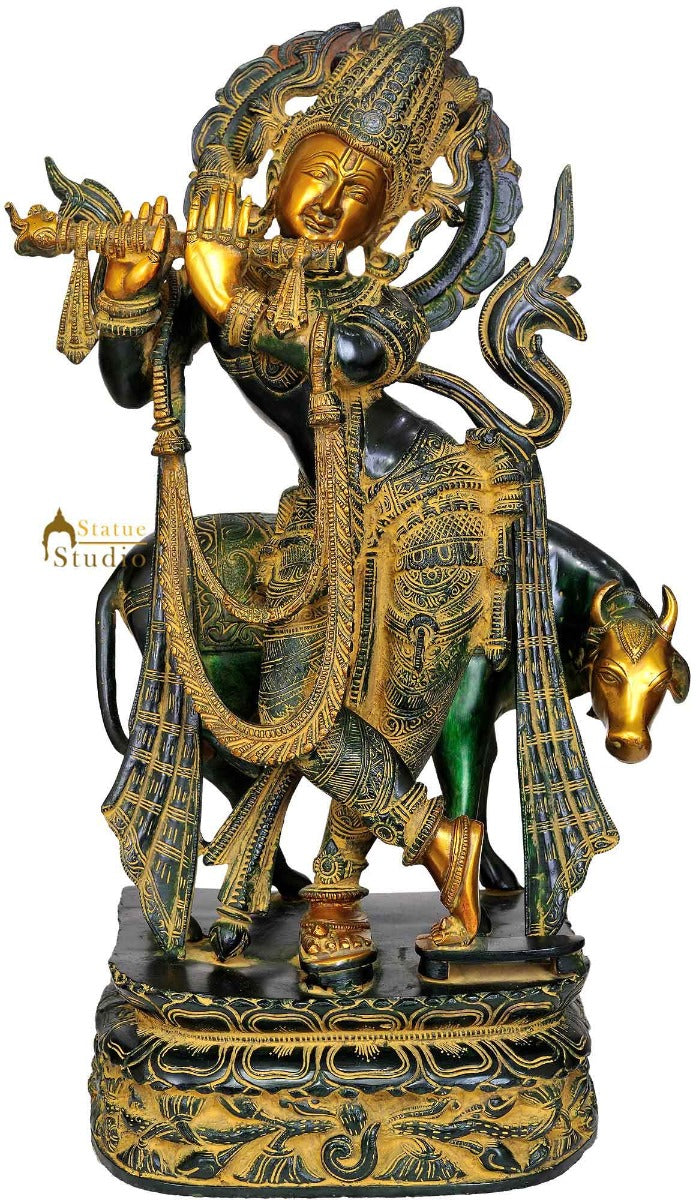 Brass Large Divine Krishna Statue With Cow Antique Finish 22 Inch - Image 4