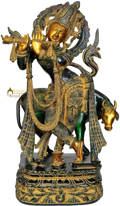 Brass Large Divine Krishna Statue With Cow Antique Finish 22 Inch by vendor-unknown - Hindu Gods (View 4)