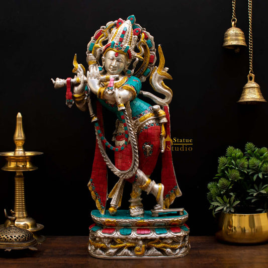 Brass Krishna Idol in Silver Finish 2 Feet by StatueStudio