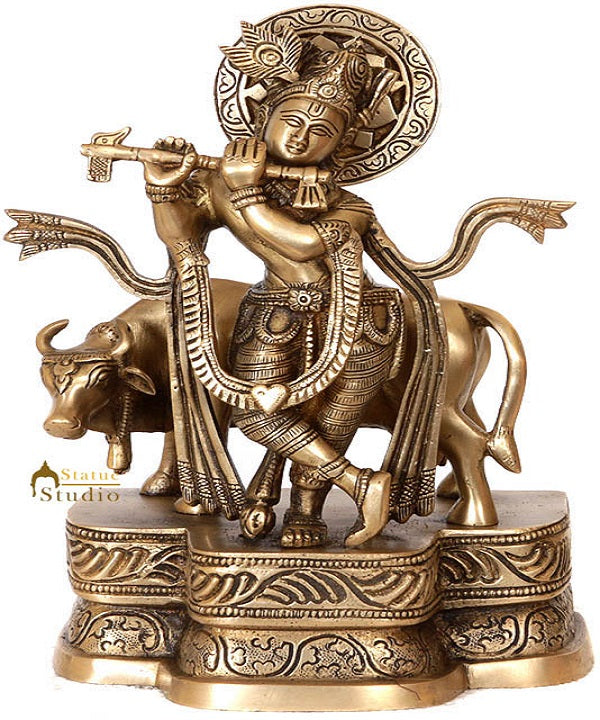 Fluting Krishna with His Cow 10" - Eco-friendly - Sama Homes