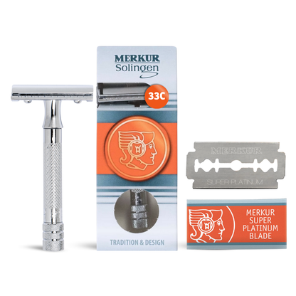 Merkur 33C 3-Piece DE Safety Razor, Closed Comb, Knurled Standard Handle, Chrome by Merkur - Double Edge Safety Razors