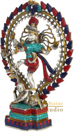 Silver Turquoise Coral Inlay Work Dancing Lord Nataraja Statue Décor 17" by vendor-unknown - Hindu Gods (View 3)