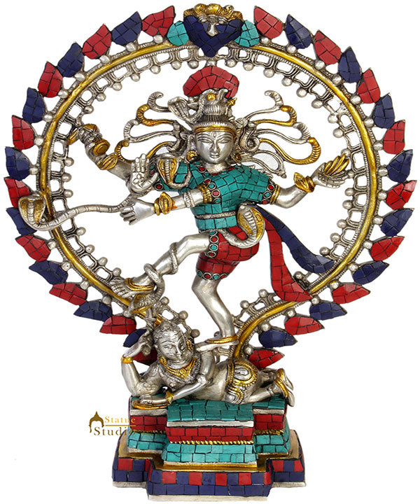 Silver Turquoise Coral Inlay Work Dancing Lord Nataraja Statue Décor 17" - Eco-friendly - Sama Homes