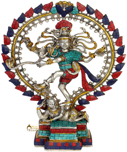 Silver Turquoise Coral Inlay Work Dancing Lord Nataraja Statue Décor 17" by vendor-unknown - Hindu Gods