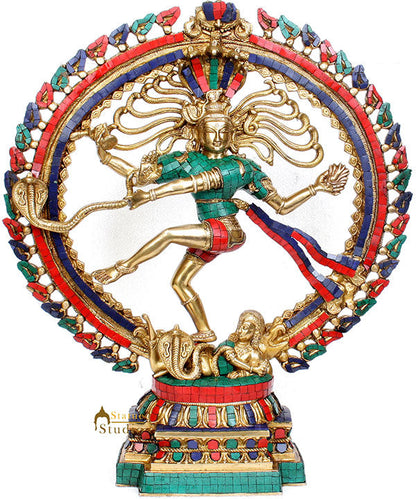 Turquoise Coral Inlay Work Dancing Lord Nataraja Statue Décor 17" by vendor-unknown - Hindu Gods