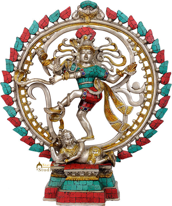 Silver Turquoise Coral Inlay Work Dancing Lord Nataraja Décor Statue 17" - Eco-friendly - Sama Homes