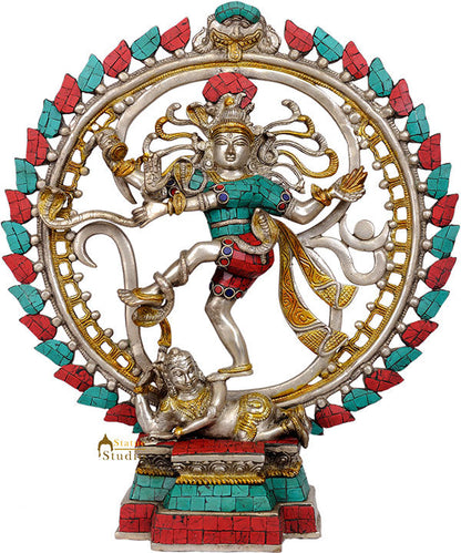 Silver Turquoise Coral Inlay Work Dancing Lord Nataraja Décor Statue 17" by vendor-unknown - Hindu Gods