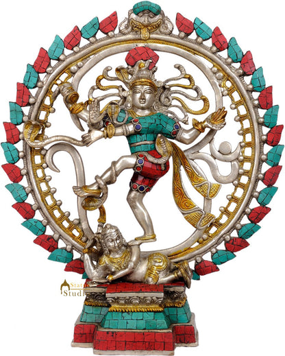 Silver Turquoise Coral Inlay Work Dancing Lord Nataraja Décor Statue 17" by vendor-unknown - Hindu Gods (View 2)