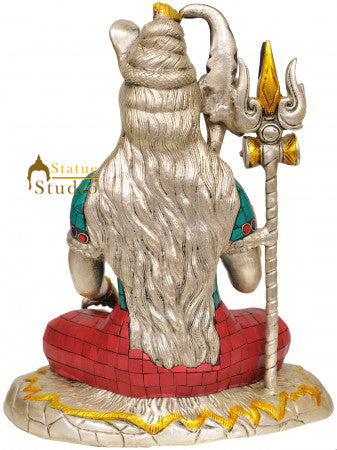 Brass Lord Shiva Idol With Stone Work Silver Finish 10 Inch - Image 4