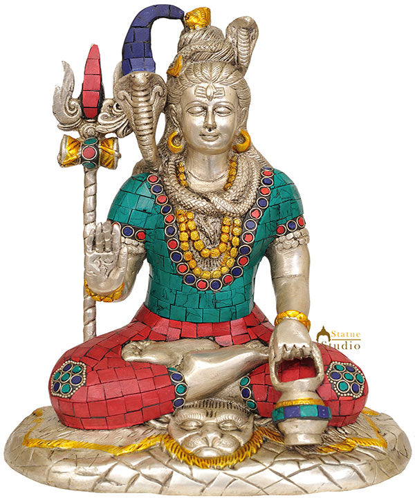 Brass Lord Shiva Idol With Stone Work Silver Finish 10 Inch - Image 3