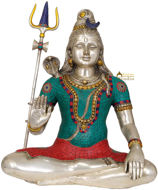 Brass Lord Shiva Statue Silver Turquoise Coral 20 Inches - Image 3