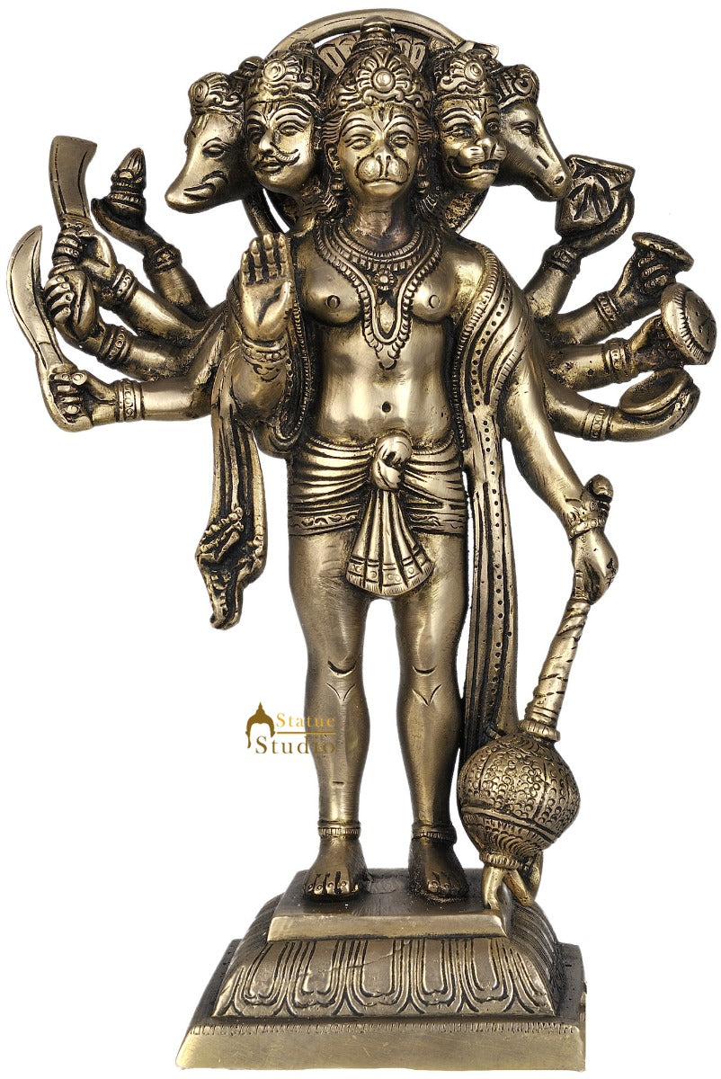 Brass Standing Five Headed Hanuman as Eleventh Rudra For Home Decor 10"