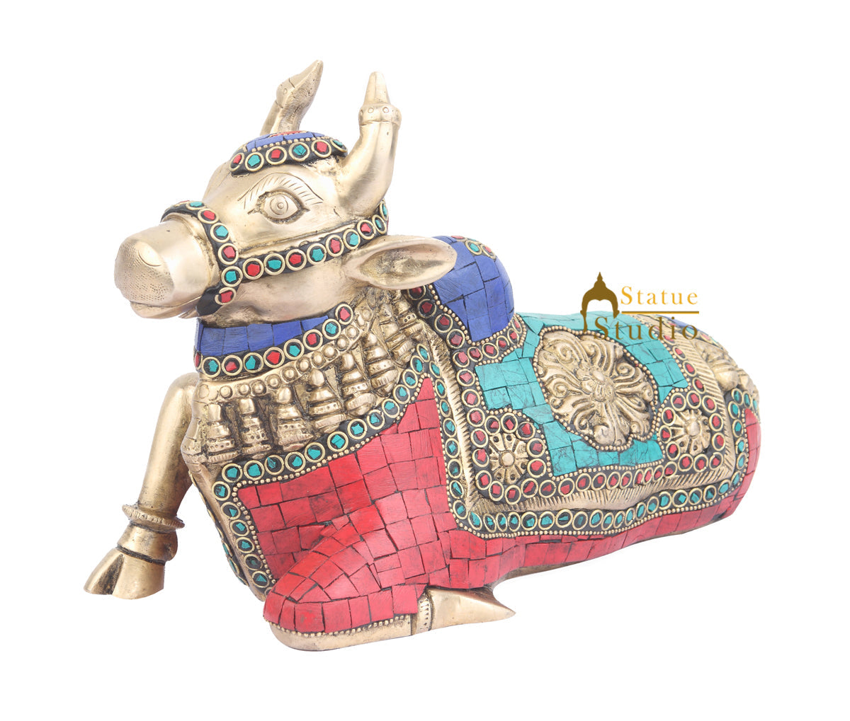 Brass Indian Handicraft Hindu Sacred Holy Cow Turquoise Coral Inlay Nandi 11" - Image 3