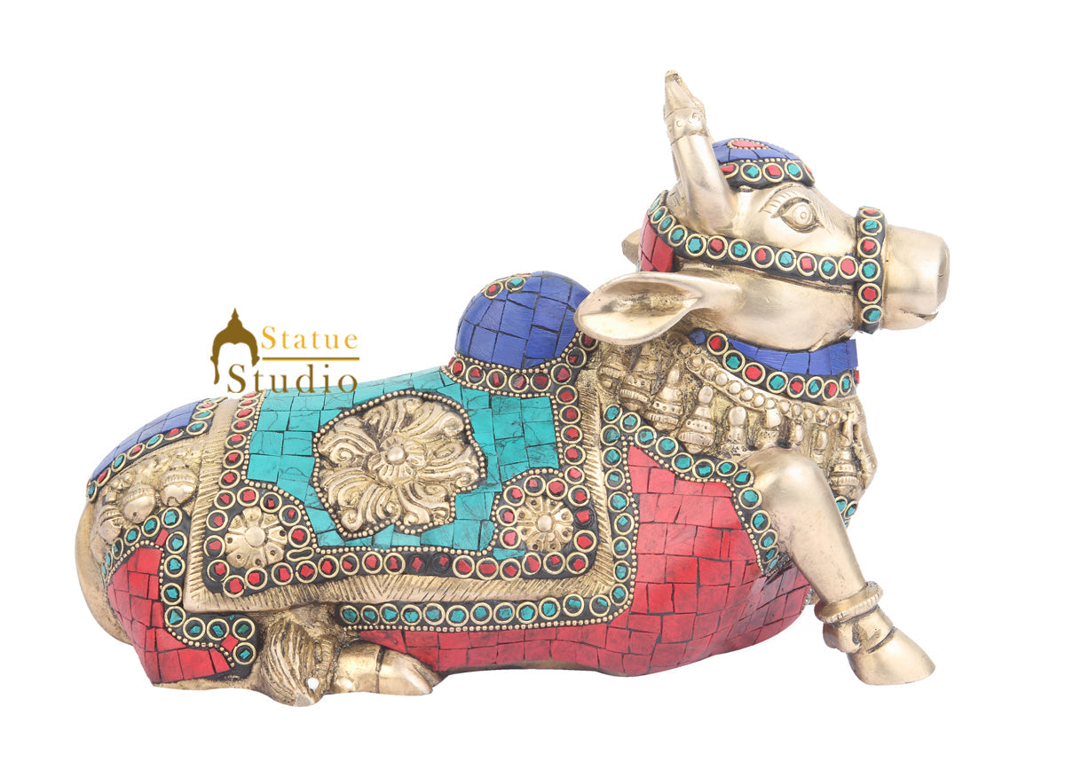 Brass Indian Handicraft Hindu Sacred Holy Cow Turquoise Coral Inlay Nandi 11" - Image 4