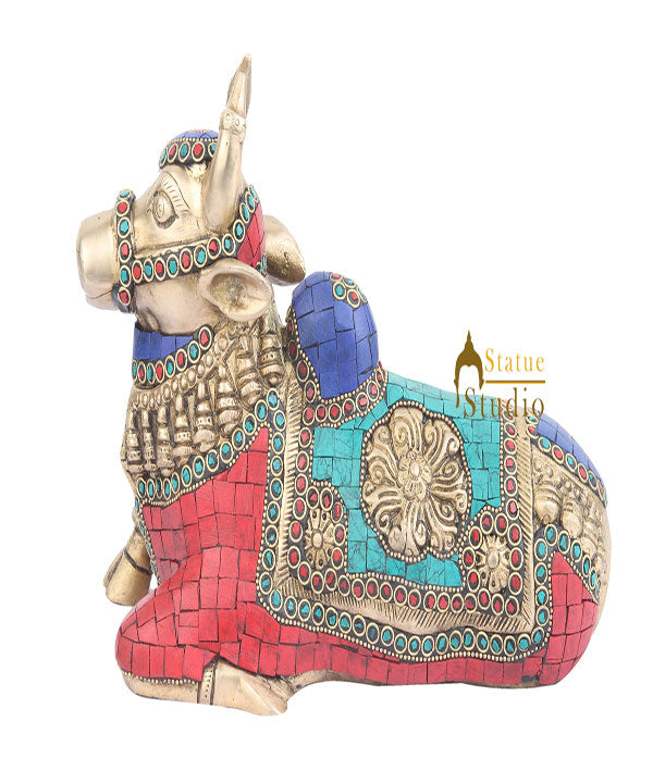 Brass Indian Handicraft Hindu Sacred Holy Cow Turquoise Coral Inlay Nandi 11" - Eco-friendly - Sama Homes