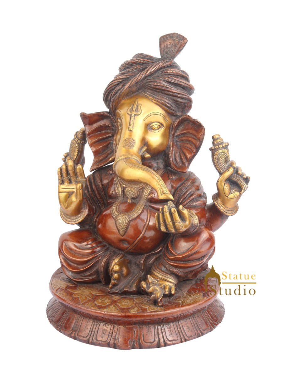 Brass Indian Hindu Ganpati Ji Murti Ganesha Statue With Turban Large Idol 21"