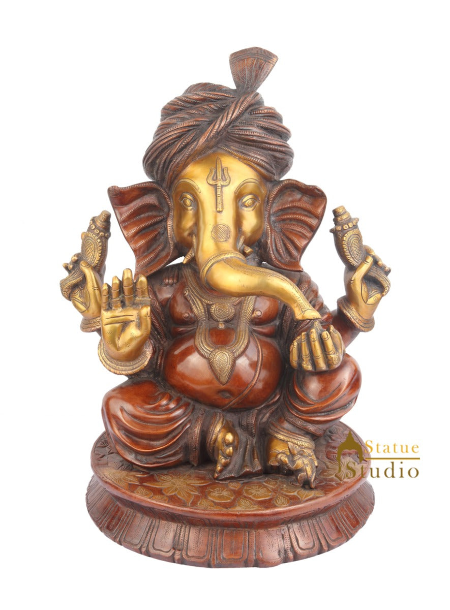 Brass Indian Hindu Ganpati Ji Murti Ganesha Statue With Turban Large Idol 21" - Image 2