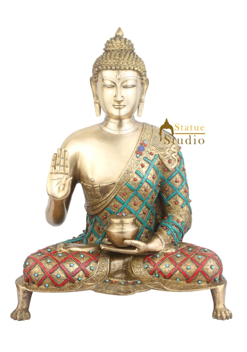 Japanese Buddhist Deity Large Blessing Buddha Turquoise Coral Inlay Sculpture 26" - Image 2