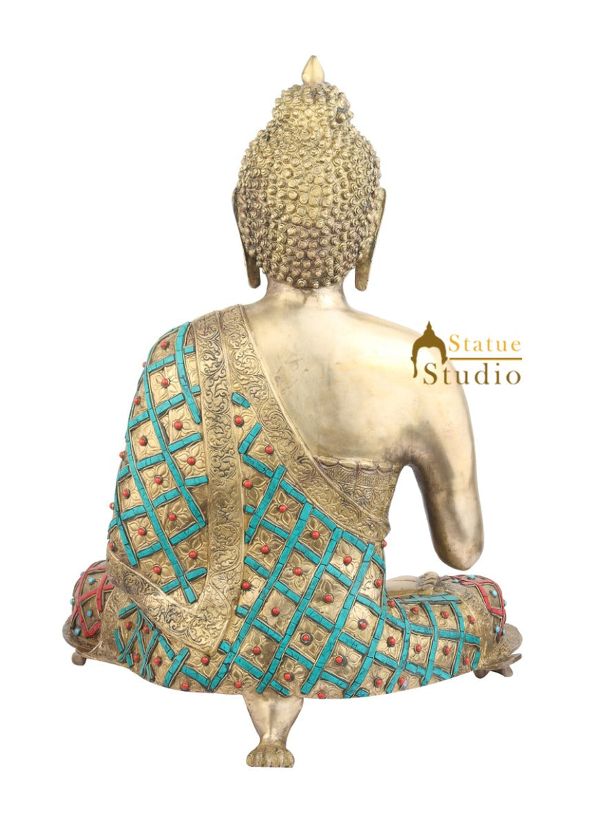 Japanese Buddhist Deity Large Blessing Buddha Turquoise Coral Inlay Sculpture 26" - Image 4