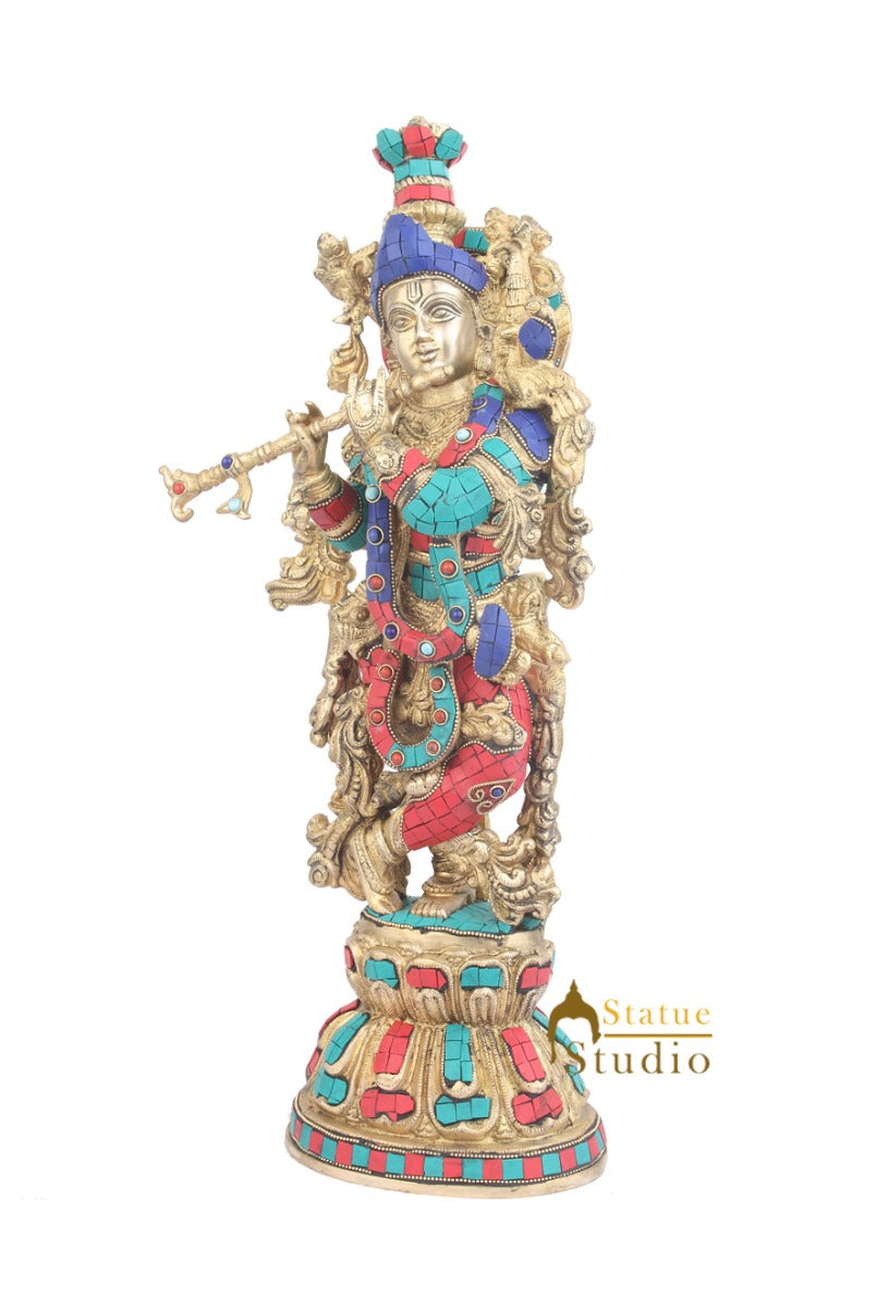 Large Size Brass Hindu Deity Lord Murali Krishna Home Décor Statue For Sale 21"