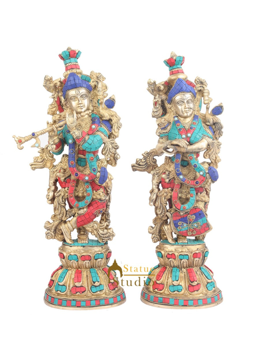 Large Size Brass Hindu Deity Radha Krishna Idol Home Décor Statue For Sale 21" - Image 2