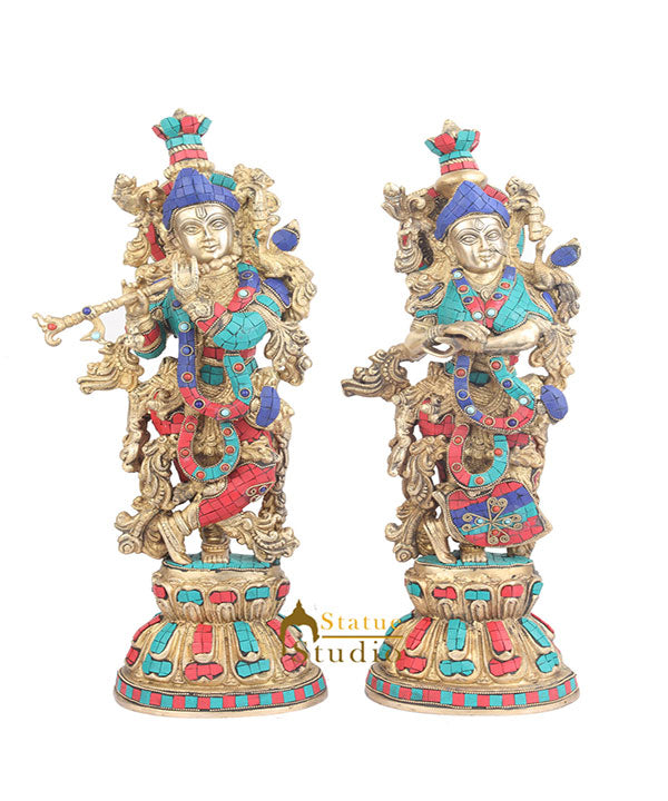 Large Size Brass Hindu Deity Radha Krishna Idol Home Décor Statue For Sale 21"