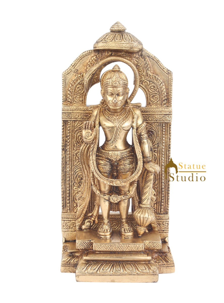 Brass Standing Hanuman Idol With Temple Arch For Home Decor 9"