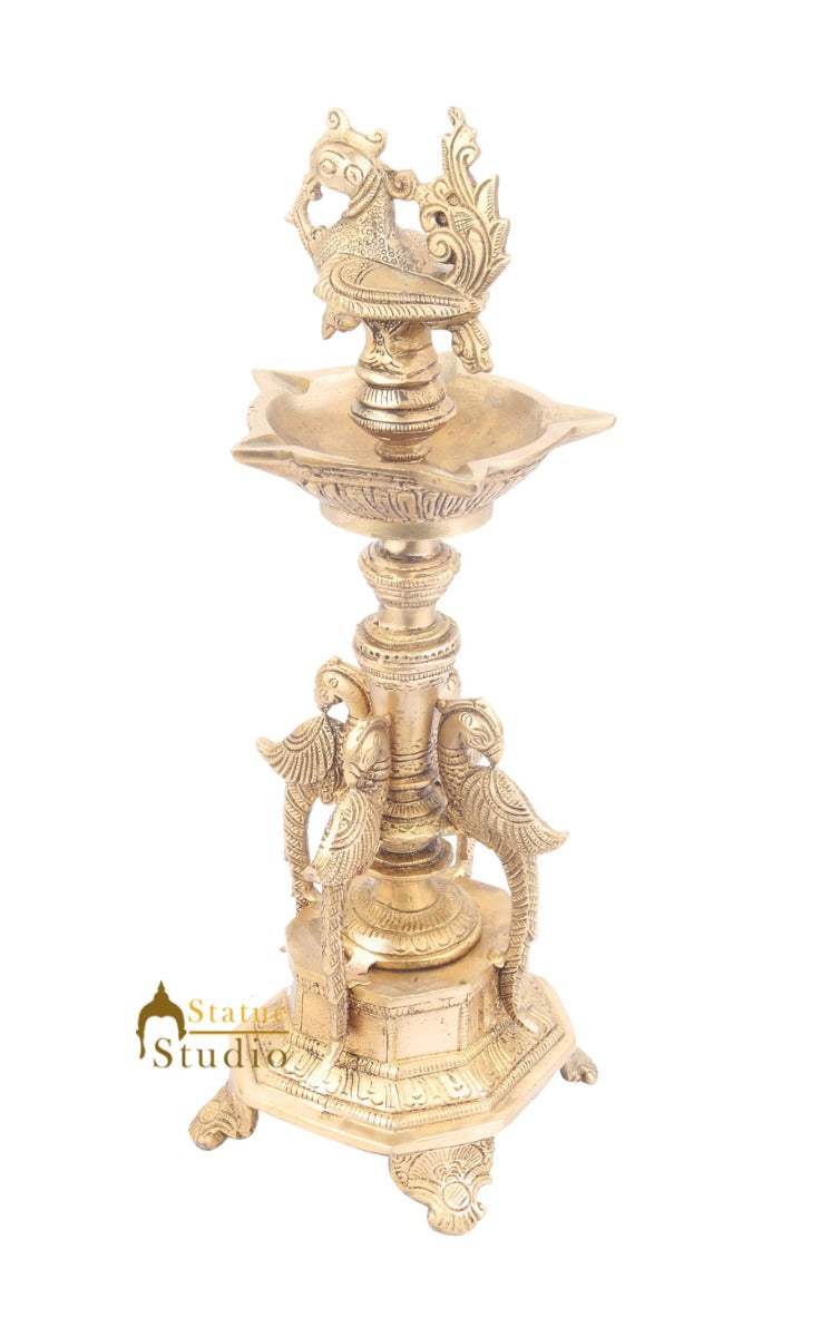 South Indian Style Brass Bird Oil Diya Lamp Stand Diwali Gifting Décor 13"