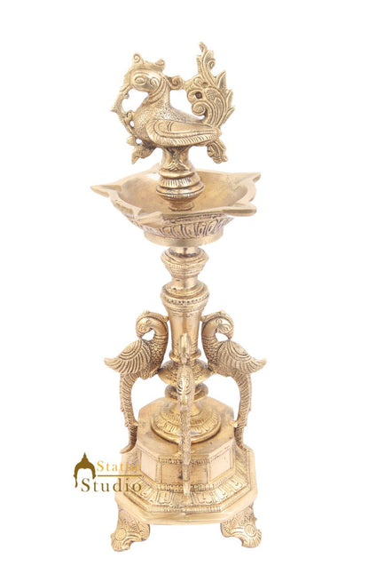 South Indian Style Brass Bird Oil Diya Lamp Stand Diwali Gifting Décor 13" by vendor-unknown - Spiritual (View 2)