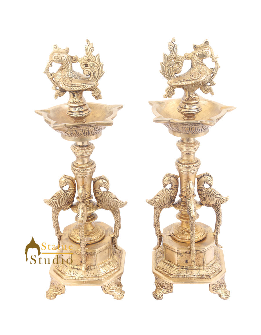 South Indian Style Brass Bird Oil Diya Lamp Pair Stand Diwali Gifting Décor 13"