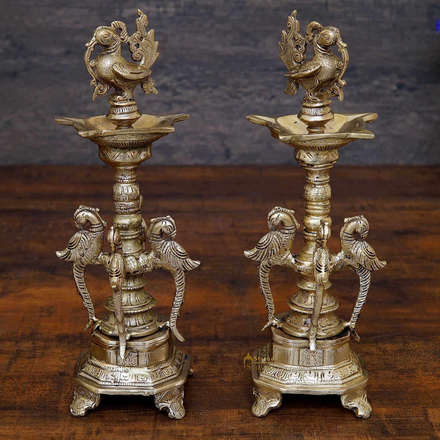South Indian Style Brass Bird Oil Diya Lamp Pair Stand Diwali Gifting Décor 13"