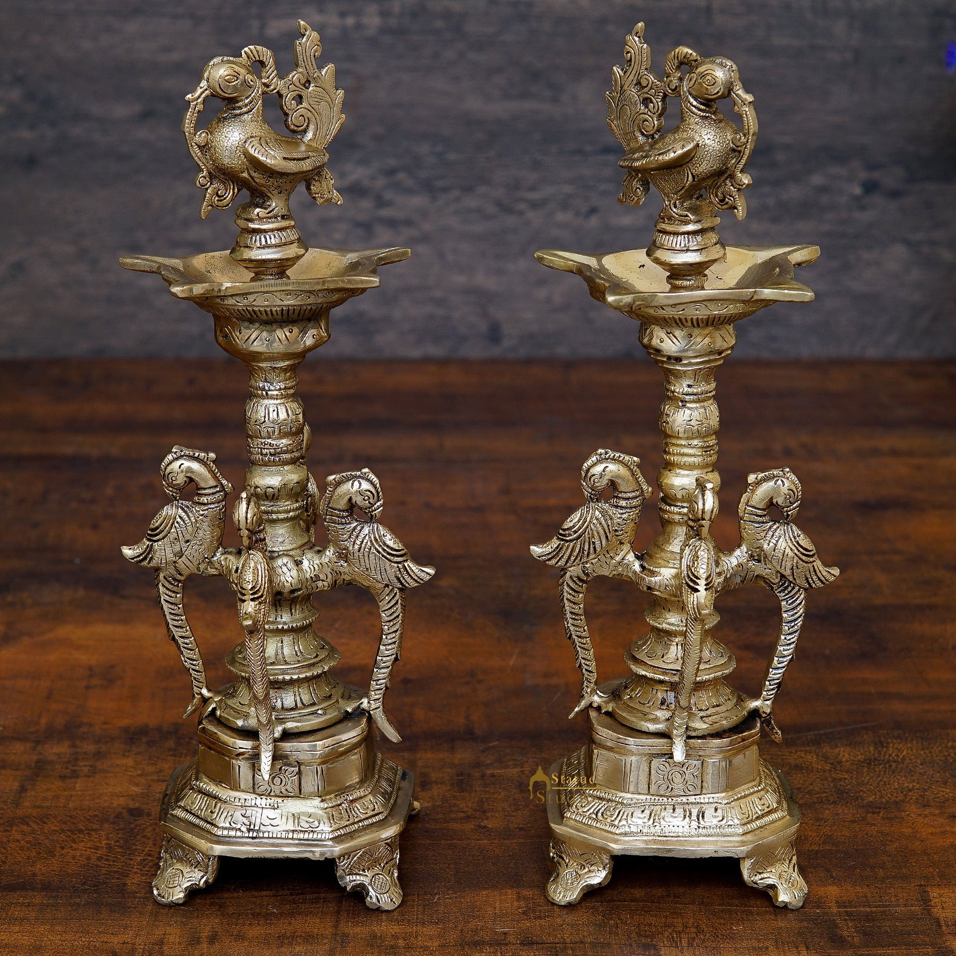 South Indian Style Brass Bird Oil Diya Lamp Pair Stand Diwali Gifting Décor 13" - Eco-friendly - Sama Homes