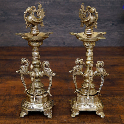 South Indian Style Brass Bird Oil Diya Lamp Pair Stand Diwali Gifting Décor 13" by vendor-unknown - Spiritual