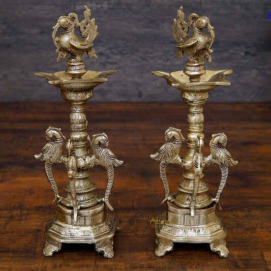 South Indian Style Brass Bird Oil Diya Lamp Pair Stand Diwali Gifting Décor 13"