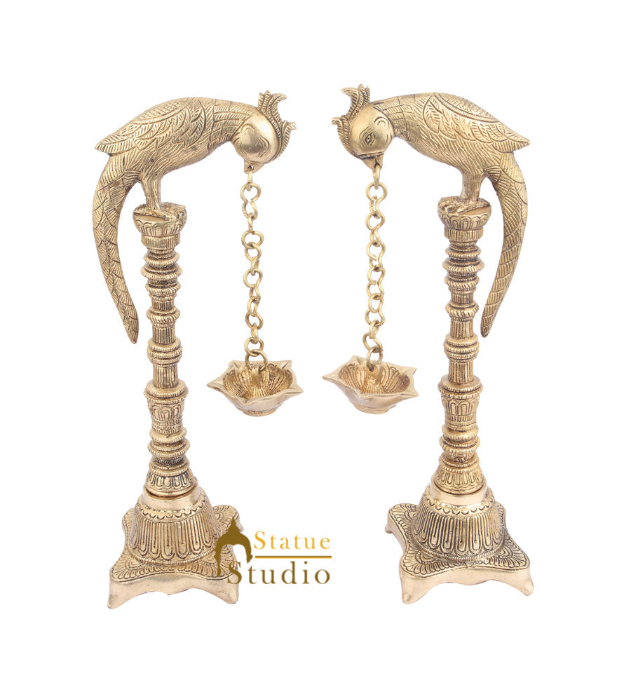 South Indian Style Brass Bird Oil Diya Lamp Pair Stand Diwali Wedding Gift 13" - Eco-friendly - Sama Homes