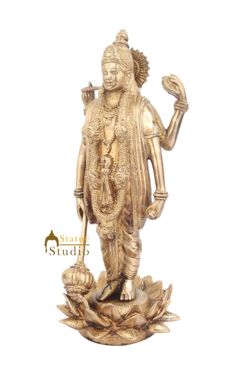 Brass Four-Armed Standing Lord Vishnu Bhagwan Idol Decor Statue 13 Inch