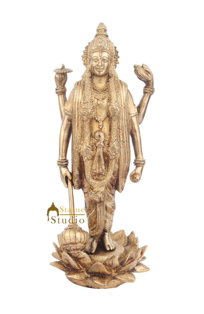 Brass Four-Armed Standing Lord Vishnu Bhagwan Idol Decor Statue 13 Inch - Image 2