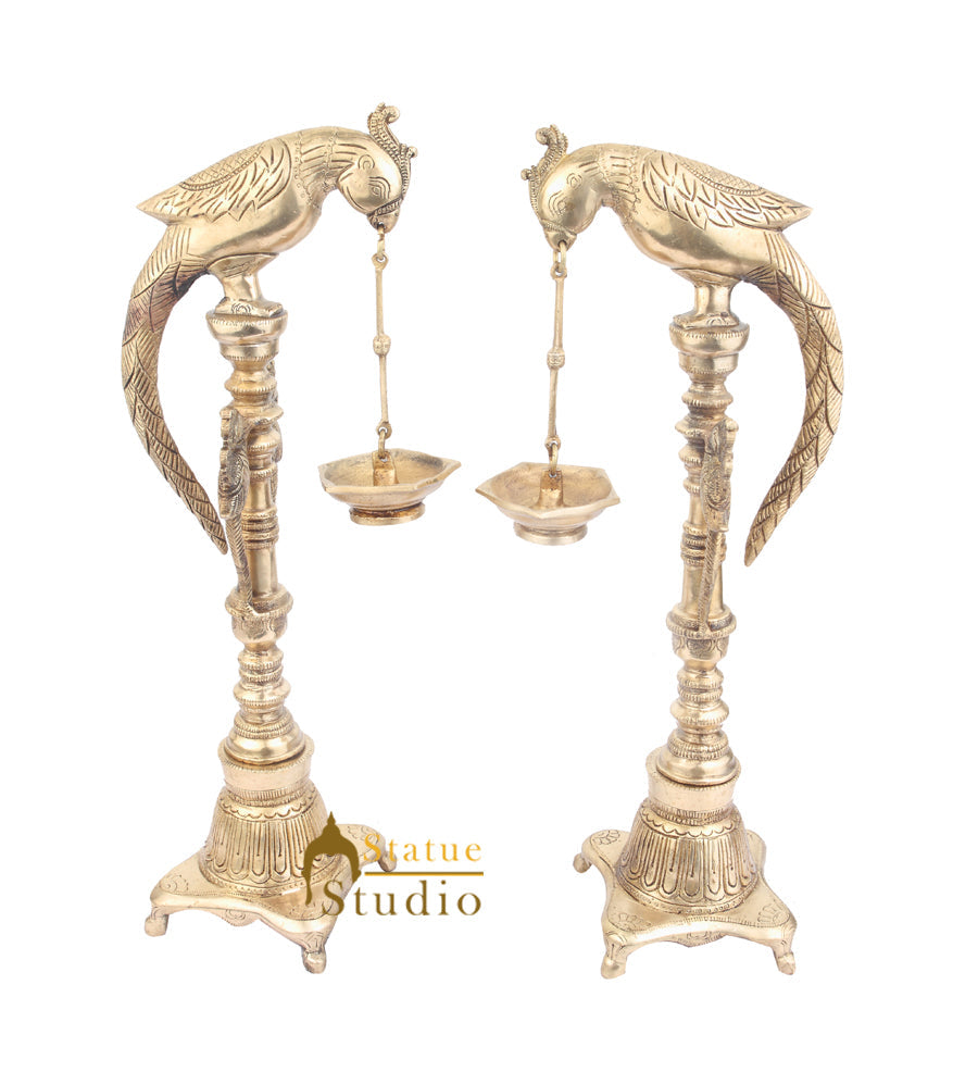 South Indian Style Brass Bird Oil Diya Lamp Pair Stand Diwali Wedding Gift 17" - Image 3