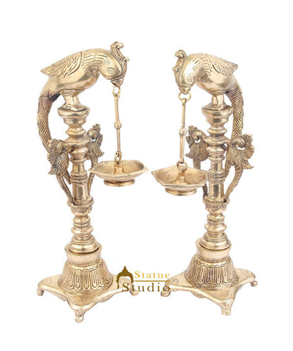 South Indian Style Brass Bird Oil Diya Lamp Pair Stand Diwali Wedding Gift 17" by vendor-unknown - Spiritual