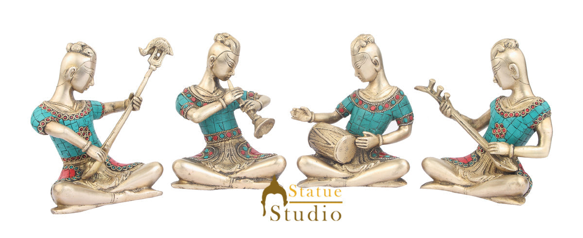 Indian Brass Musical 4 pcs Set Showpiece Turquoise Coral Inlay Work Décor 7" - Image 2
