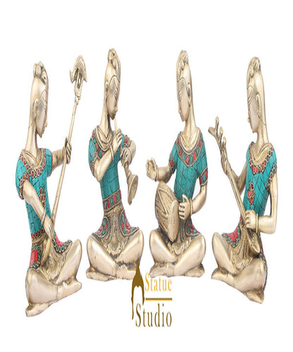 Indian Brass Musical 4 pcs Set Showpiece Turquoise Coral Inlay Work Décor 7" by vendor-unknown - Decor