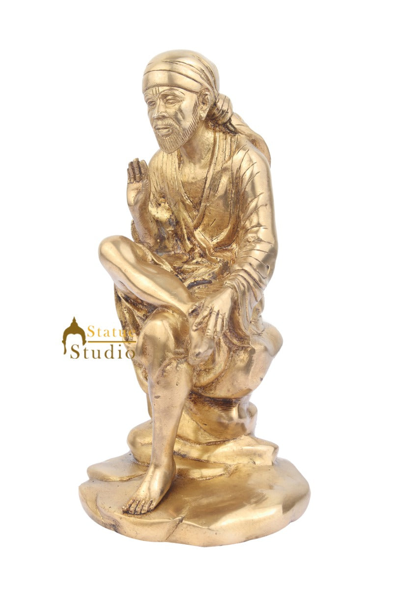 Hindu Brass Indian Handicraft Shirdi Ke Sai Baba Statue Religious Idol 10" - Image 3