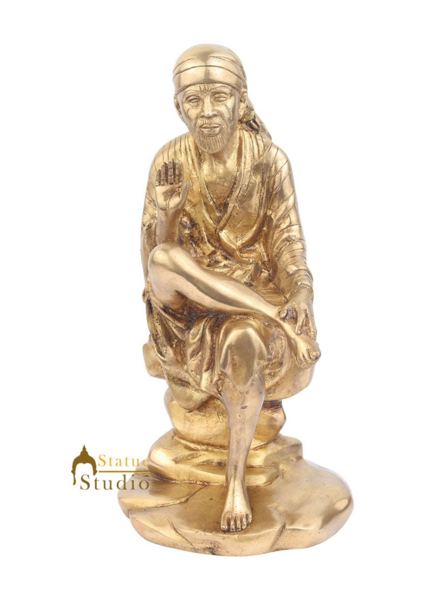 Hindu Brass Indian Handicraft Shirdi Ke Sai Baba Statue Religious Idol 10" - Image 2