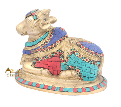 Brass Nandi Idol Indian Handicraft Turquoise Coral Inlay Sacred Decor 6" by vendor-unknown - Spiritual (View 3)