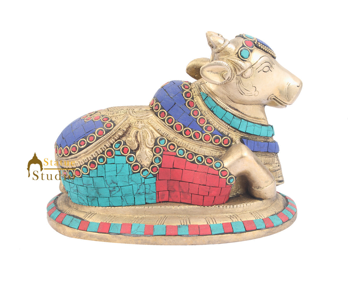Brass Nandi Idol Indian Handicraft Turquoise Coral Inlay Sacred Decor 6" - Image 4