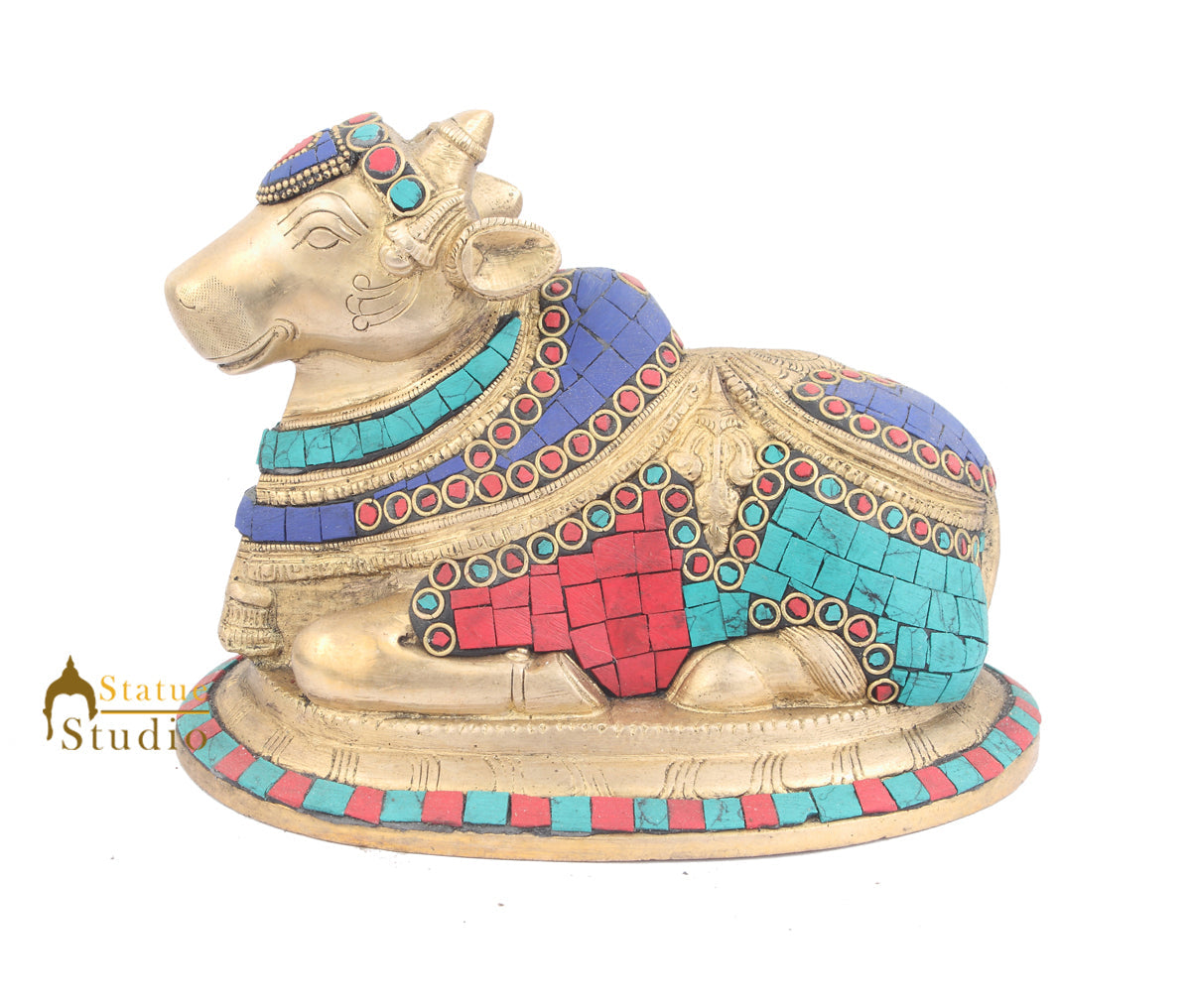 Brass Nandi Idol Indian Handicraft Turquoise Coral Inlay Sacred Decor 6" - Eco-friendly - Sama Homes