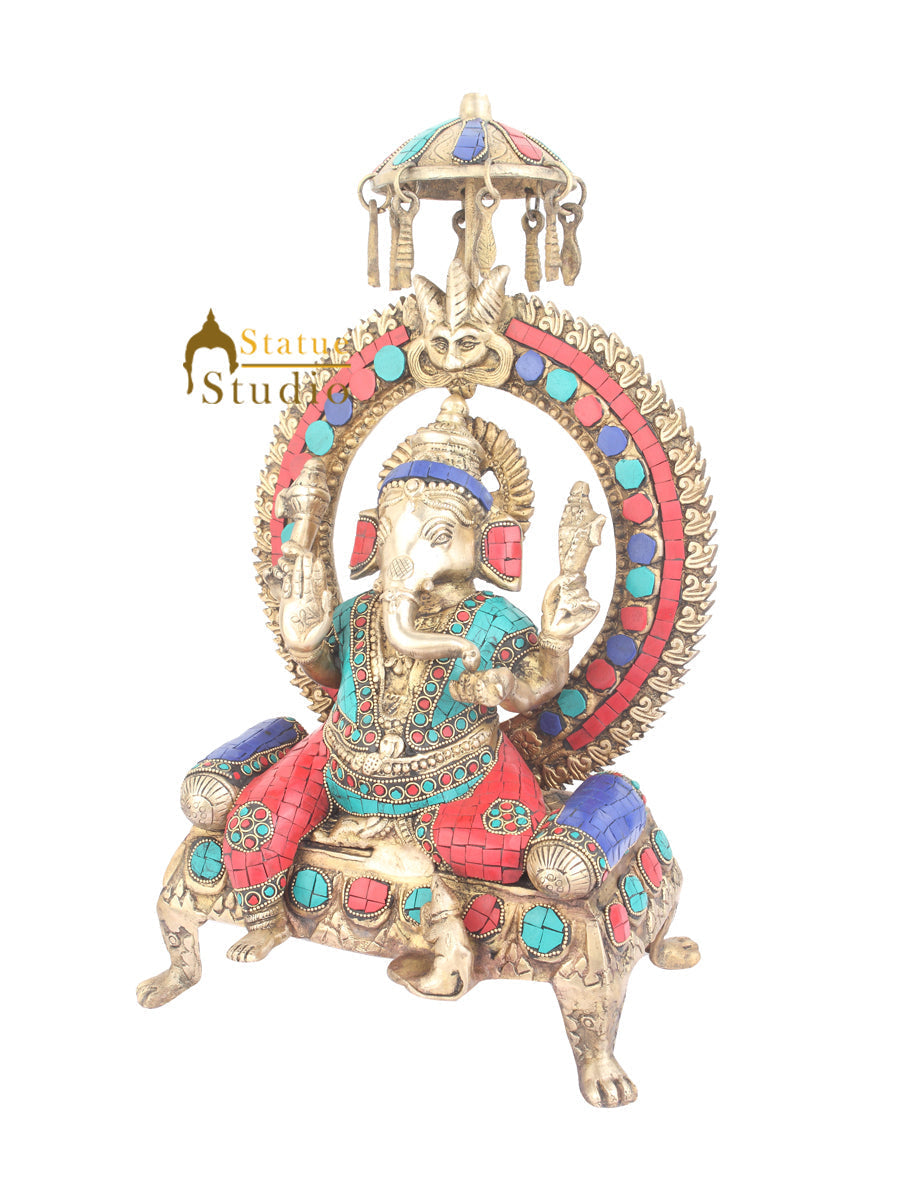 Indian Brass Home Vastu Décor Ganpati Murti Ganesh Turquoise Coral Inlay 16" - Image 3