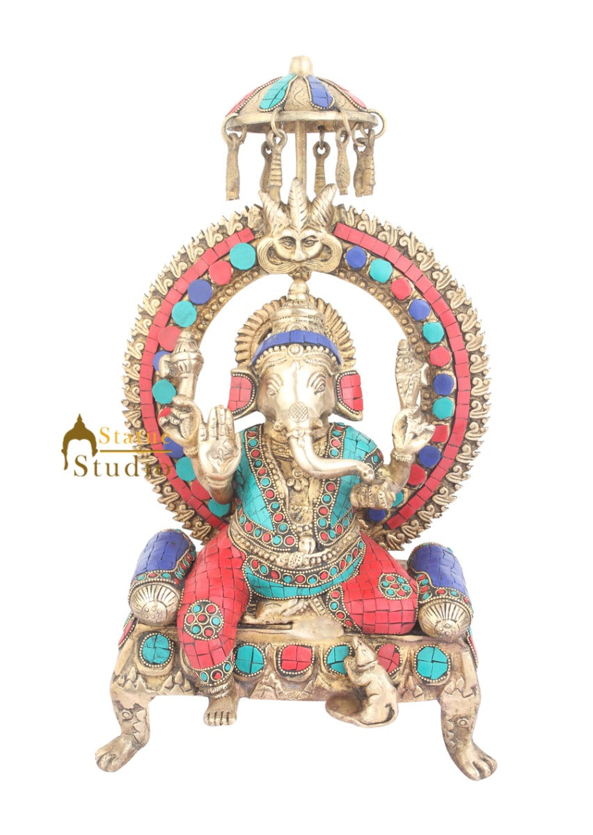Indian Brass Home Vastu Décor Ganpati Murti Ganesh Turquoise Coral Inlay 16" - Image 2